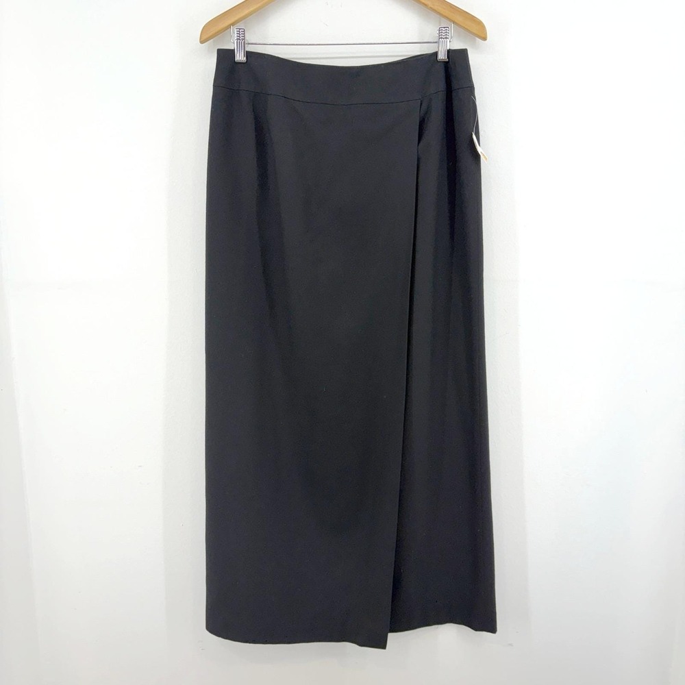 Talbots Black Wool Faux Wrap Maxi Skirt FLAWS 1990s 12 USA Column Minimalist